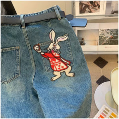 Cyflymder  Retro Fun Rabbit Print Denim orts Casual High Waist Loose Straight Leg Five Crop for Men And Women Faionable Summer Trousers