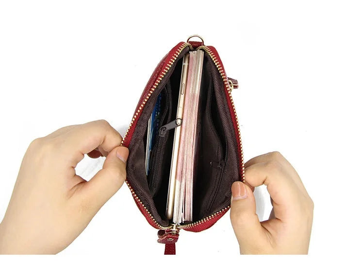 Cyflymder  Genuine Leather Women Wallet Long Zipper Wristlet Bag Chain messenger bag for female Cowhide Coin Purse Mobile phone bags