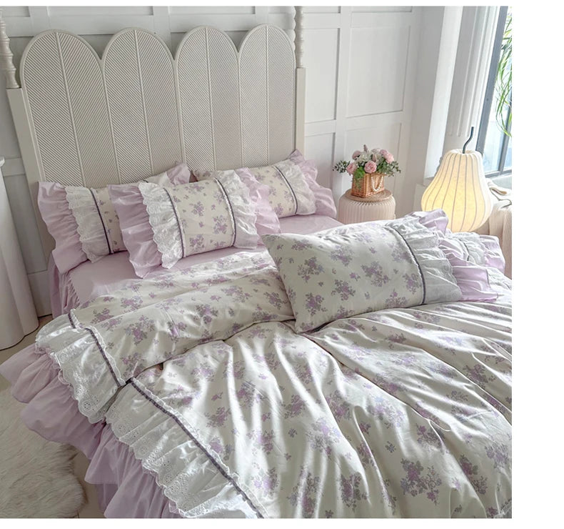 Cyflymder  Pink Floral Double Layer Lace Ruffles 100% Cotton Bedding Set Duvet Cover Set Bed Sheet/Bed Skirt/Fitted Sheet Pillowcases 4Pcs