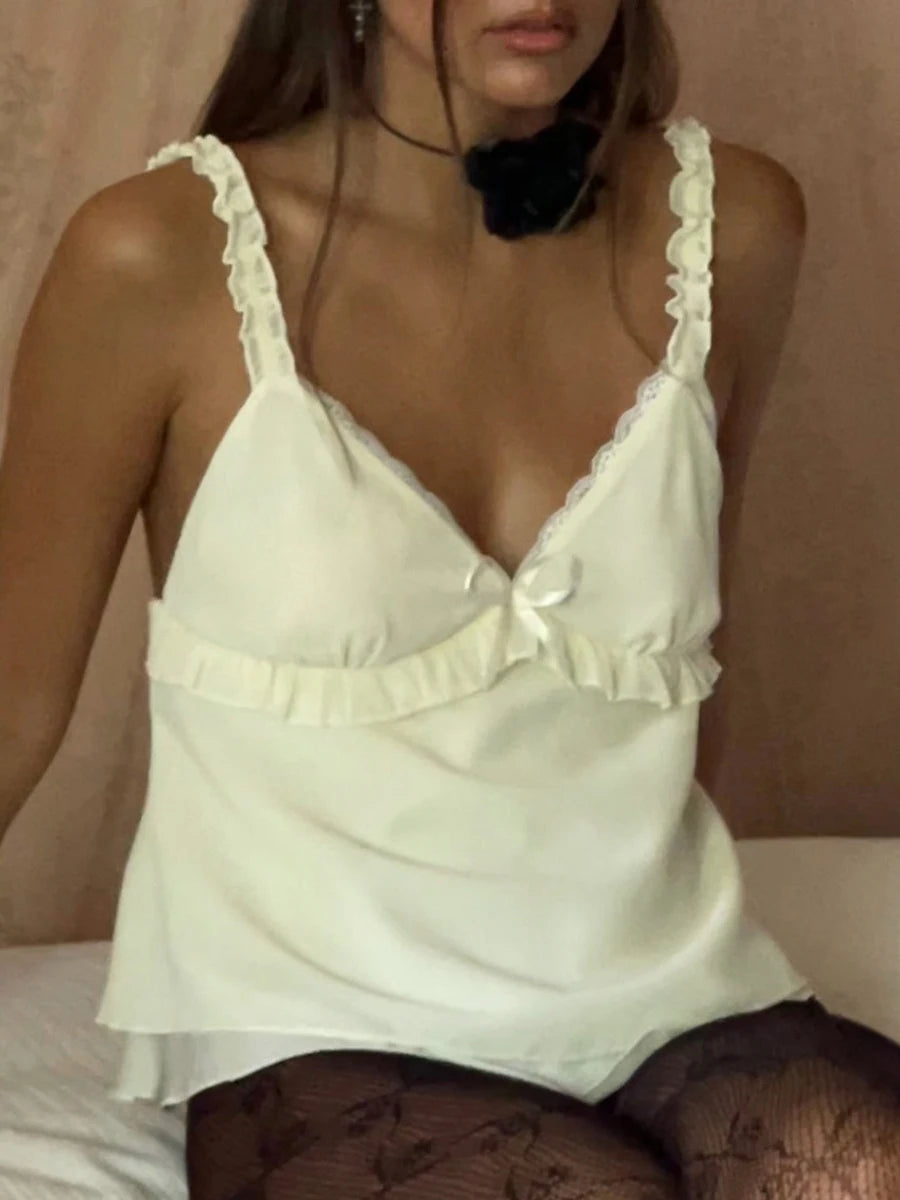 Cyflymder  Kawaii Frill Spaghetti Strap Chiffon Vest Bow Front Ruffled Camisole Women Crop Top Retro Y2K Fairy Backless Clothes