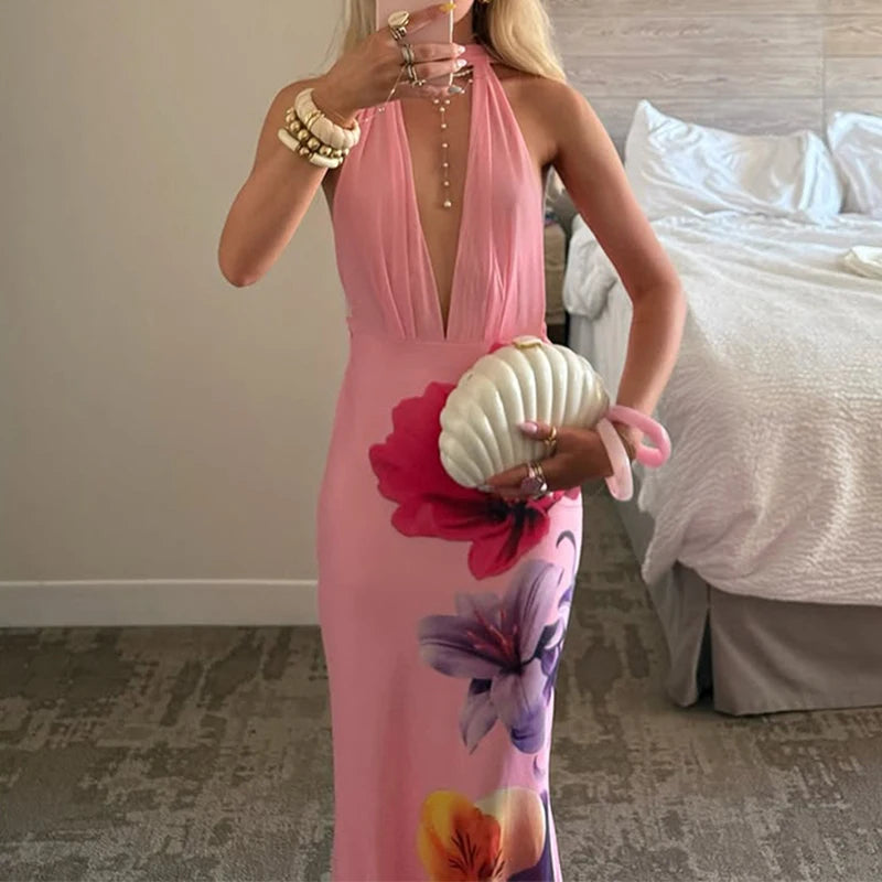 Cyflymder  Summer Floral Print Beach Party Dress Women's Sexy Halter Backless Hollow Out Vacation Dress Elegant Hight Waist Slim Long Dress