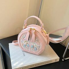 Cyflymder  Fashion Embroidered Women Crossbody Bag, Vintage Pattern PU Round Handbags, New Elegant Versatile Daily Shoulder Bags for Women