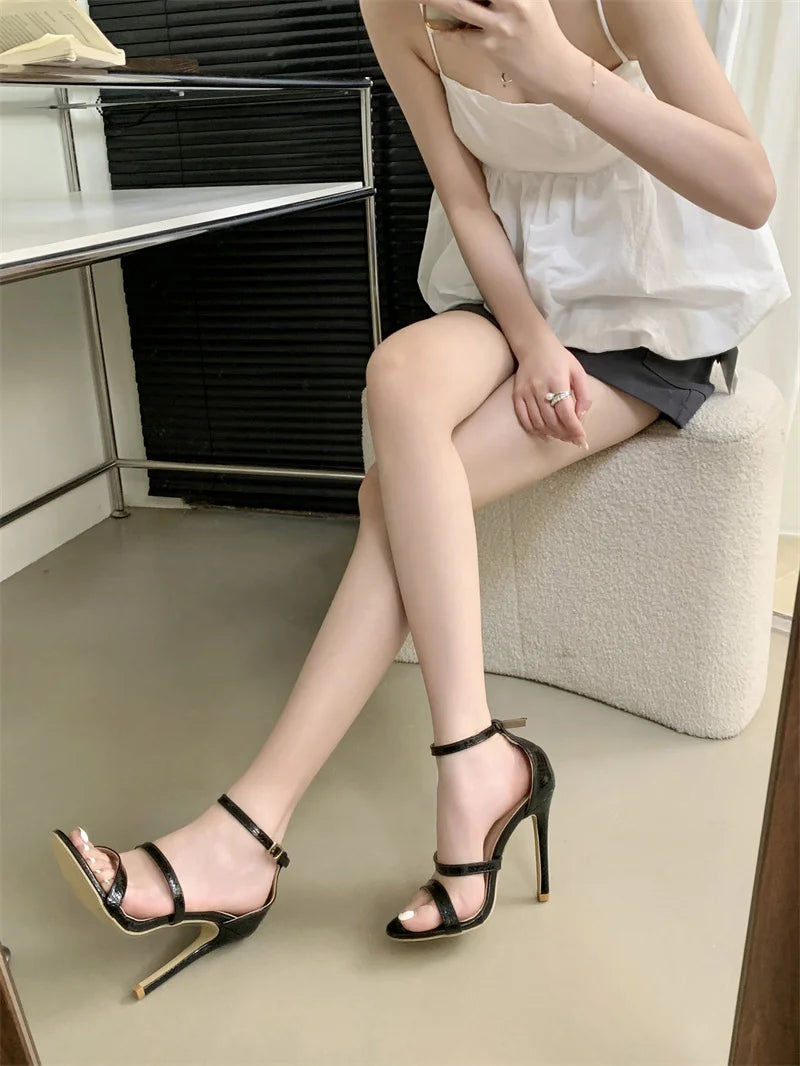 Cyflymder  Gold Snake Print Leather Ankle Strap Sandals Women Summer Fashion Open Toe Gladiator High Heels Party Dress Shoes Size 42