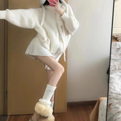 Cyflymder Kawaii Sweet Knitted Cardigan Women Elegant Zip Up Hooded Cardigan Cute Japanese Style Solid Autumn Winter Sweater Coat