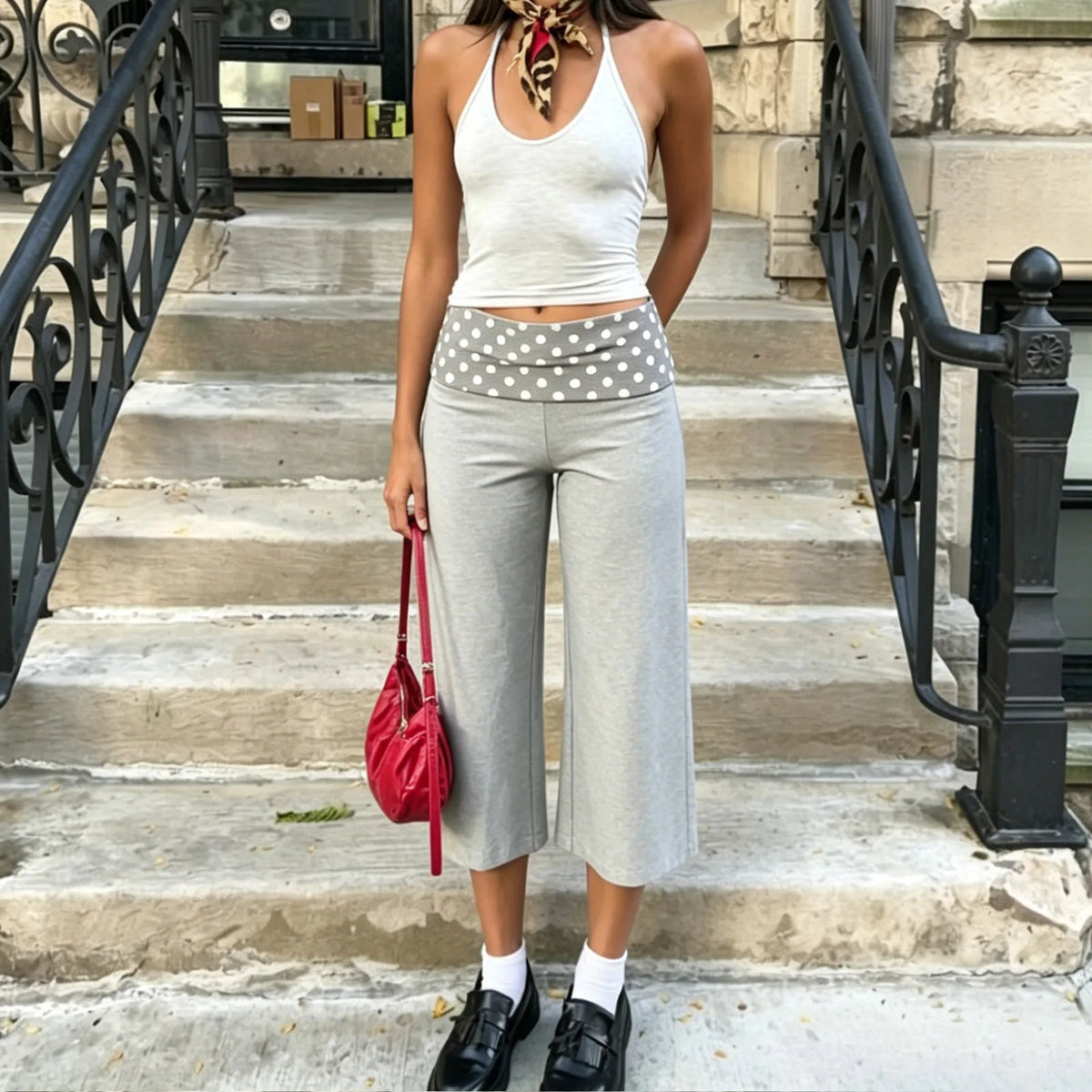 Cyflymder  Fold Over Gaucho Pants for Women Vintage Flowy Wide Leg Yoga Capris Elastic Low Rise Cropped Palazzo Culottes Pajama Bottoms