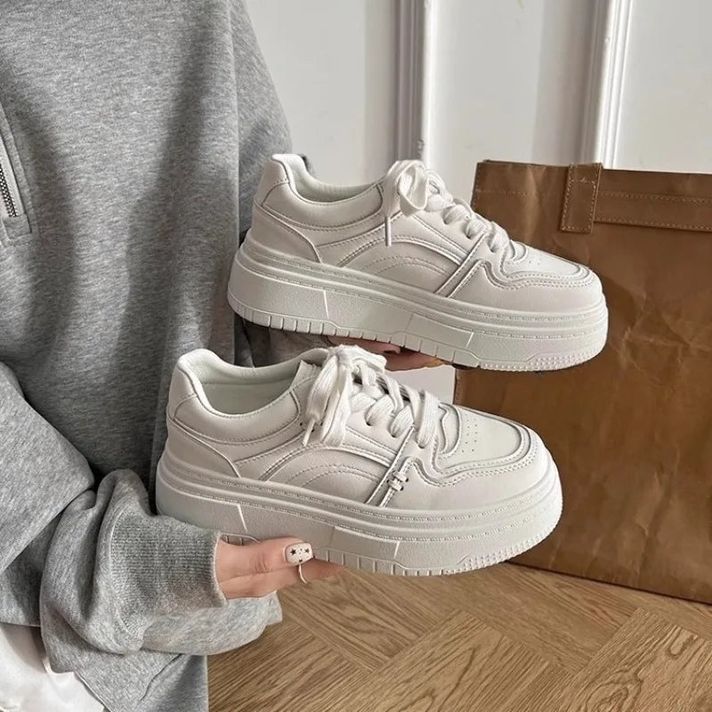 Cyflymder   High-top White Sneakers for Women, New Spring/autumn Collection, Height-enhancing Round Toe Lace-up Casual Sneaker Shoes