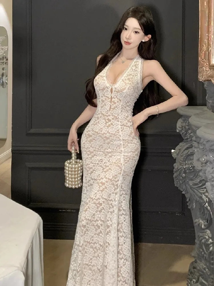 Cyflymder  Sexy Dresses Women Sleeveless Halter Backless Lace Patchwork Slim Stretch Hollow Out Backless Elegant Mermaid Dress Party