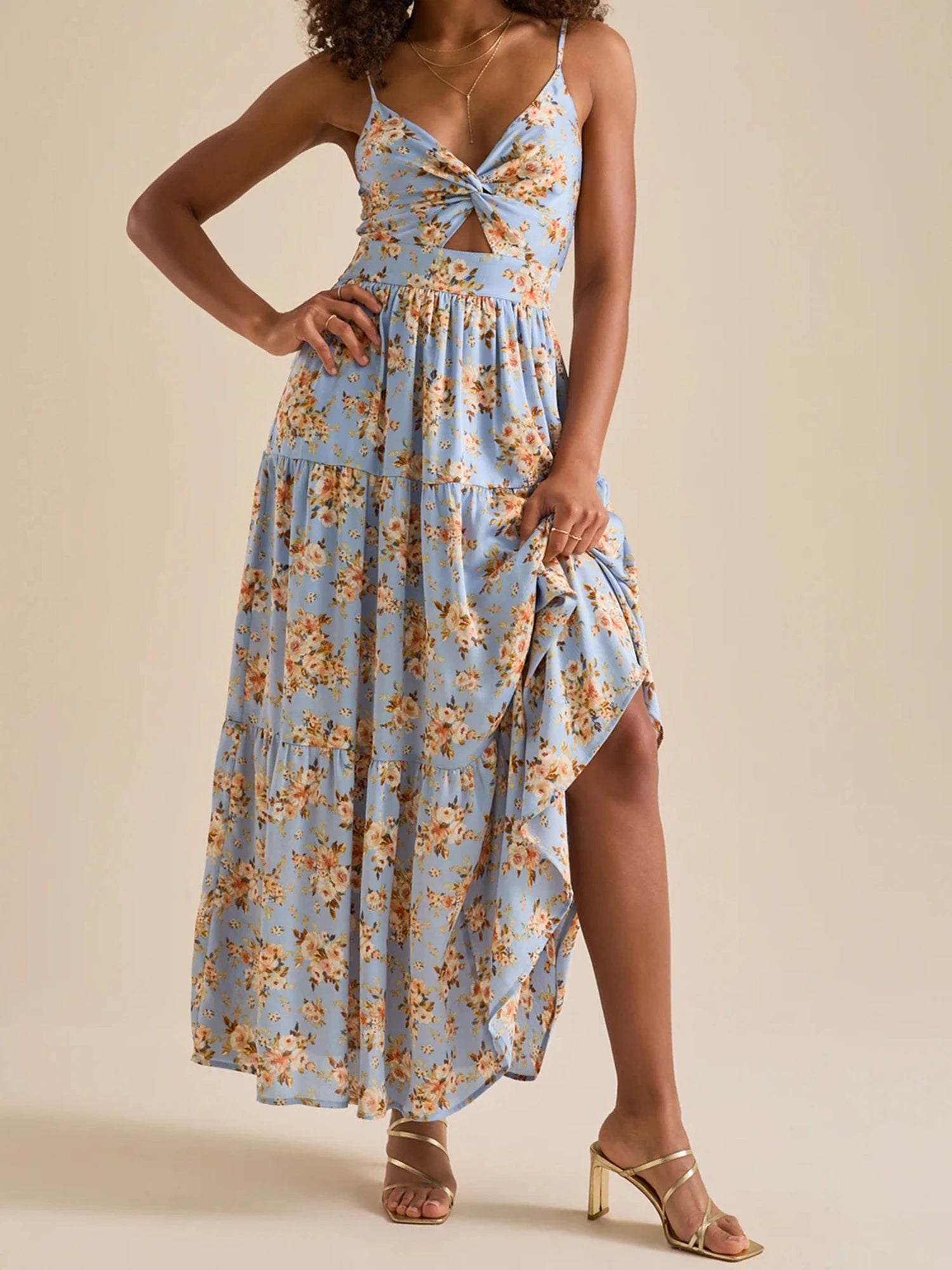 Cyflymder  Elegant Lace Sleeveless V-neck Maxi Dress with Floral Print Perfect for Summer Cocktail Parties and Events