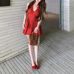 Cyflymder  Red Broken Flowers Lace Halter Mini Dress Summer Fashionable Backless Women's Clothing Sleeveless Hotsweet Waist A-Line Dresses