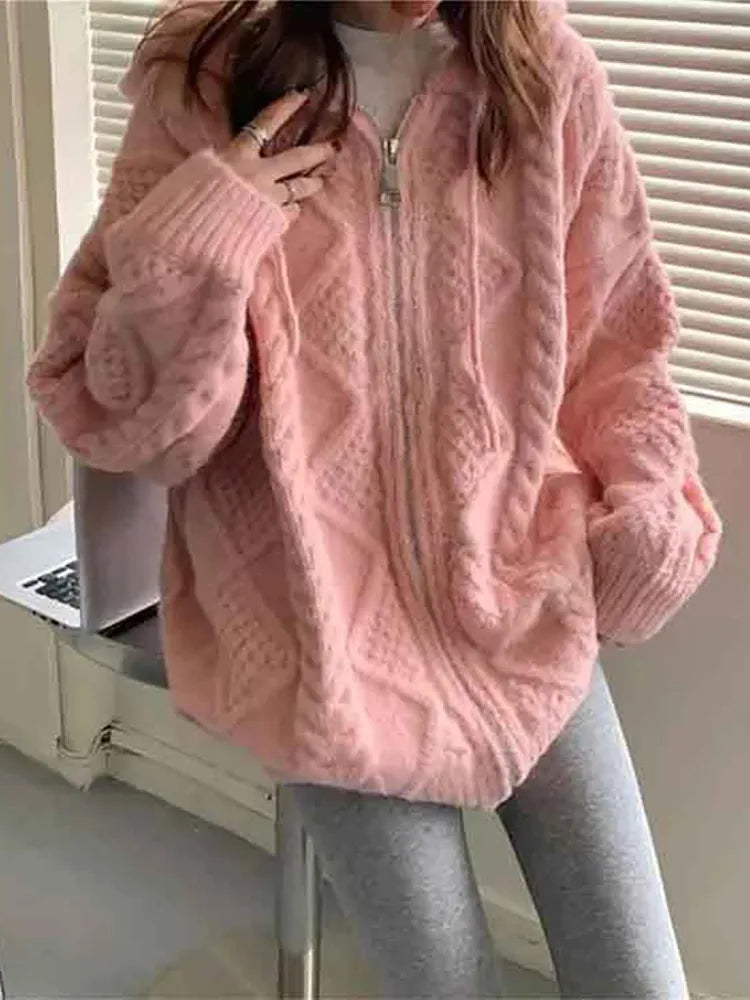 Cyflymder Korean Fashion Knit Cardigan Women Autumn Winter Casual Loose Zipper Hooded Thick Sweater Coat Long Sleeve Pink Top