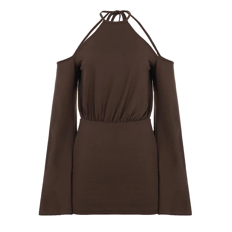 Cyflymder  Sexy Backless Lace-up Halter Bodycone Mini Dress Solid Flare Sleeve Slim Women Fashion Short Dress Clubwear Summer