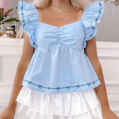 Cyflymder  Women's Flutter Sleeve Cropped T-Shirts Summer Sweet Bow Embroidered Back Lacing Smocked Sweetheart Neck Casual Tops