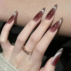 Cyflymder  30Pcs Wine Red Fake Nails With Gradient Print Design Long Stiletto False Nails Wearabe Almond Press on Nails Full Cover Tips