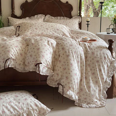 Cyflymder  100% Cotton Pastoral Floral Print Ruffles Bow Princess Bedding Set Queen King Duvet Cover Set Bed Sheet/Fitted Sheet Pillowcases