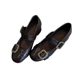 Cyflymder  New French Retro Shallow Mouth Mary Jane Shoes for Women Leather Double Buckle Heeled Sandals Slip on Preppy Style Women's Shoes