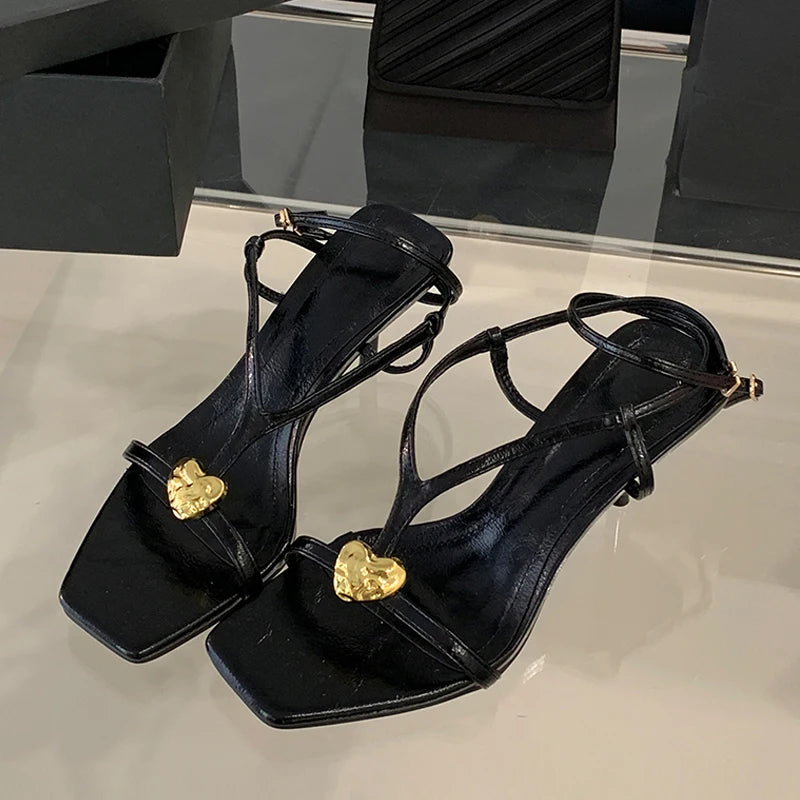 Cyflymder  Summer Fashion Metal Buckle Decoration Narrow Band Gladiator Sandals Women Square Toe Low Thin Heels Party Dress Shoes