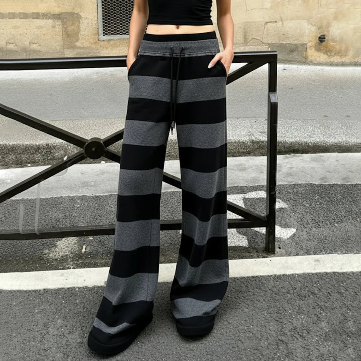 Cyflymder  Autumn Winter Casual Street All Match Stretch Waist Lace Up Long Pants Y2k Constrast Color Striped Trousers Harajuku Soft Pant