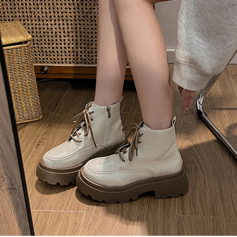 Cyflymder  Platform Thick Bottom Warm Short Plush Women Motorcycle Boots Fashion Lace Up Shoes Autumn Winter Female Short Booties