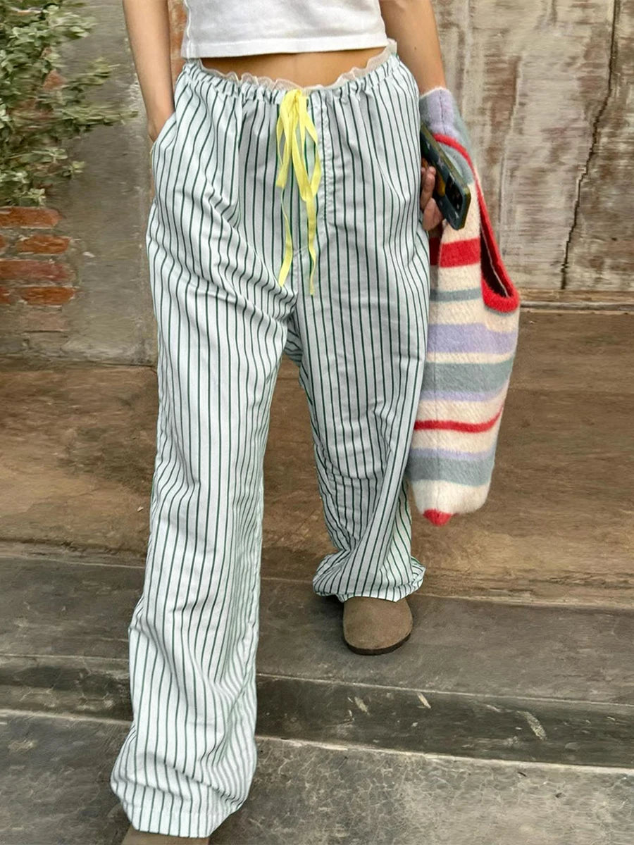 Cyflymder  Women Loose Pants Stripe Print Drawstring Elastic Waist Trousers Spring Summer Casual Sweatpants Streetwear