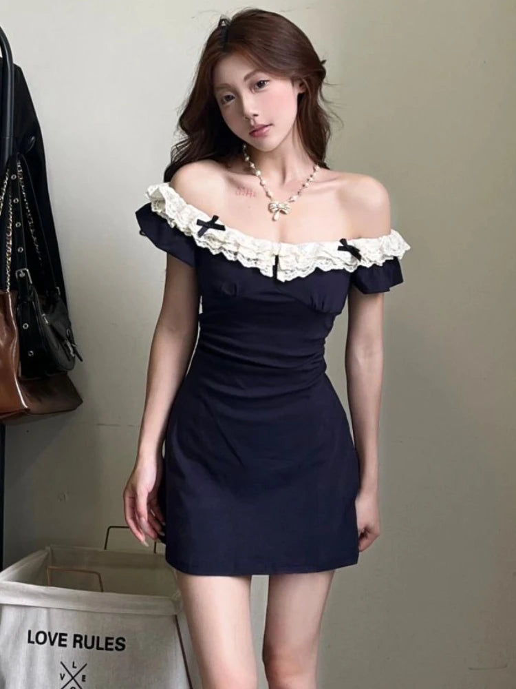 Cyflymder holiday dress Summer Elegant Solid Sleeveless Strap Dress Women Korean Fashion Bow Lace Short Dress Female Sweet Slim Off Shoulder Clothing