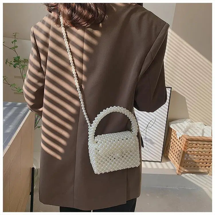 Cyflymder Pearl Crossbody Bags for Women Small Coin Wallet Handbag Handmade Woven Ladies Phone Tote Hand Shoulder Bag