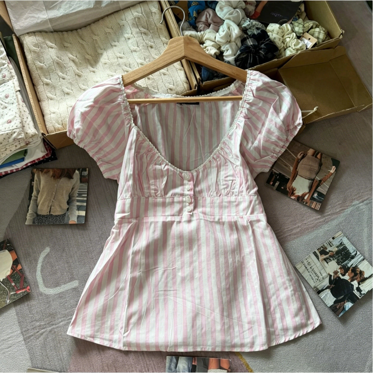 Cyflymder  Pink Striped Puff Sleeves Tees Women Simple Pretty Versatile Blouse with Short Sleeve Tops Sweet Preppy Style Cute T-shirts Y2K