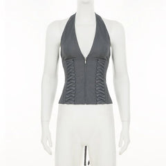 Cyflymder  Women Slim Cross Lace Up Halter Tank Tops Front Zipper Sexy V-neck Sleeveless Backless Bandage Corset Vests Matching Tees