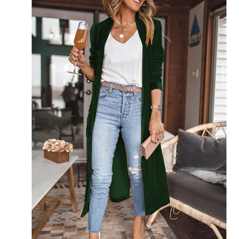 Cyflymder  Spring Autumn New Faion Loose Velvet Elastic Mid-Length Open Cardigan Coat Women's Versatile Straight Tube Polyester Fiber