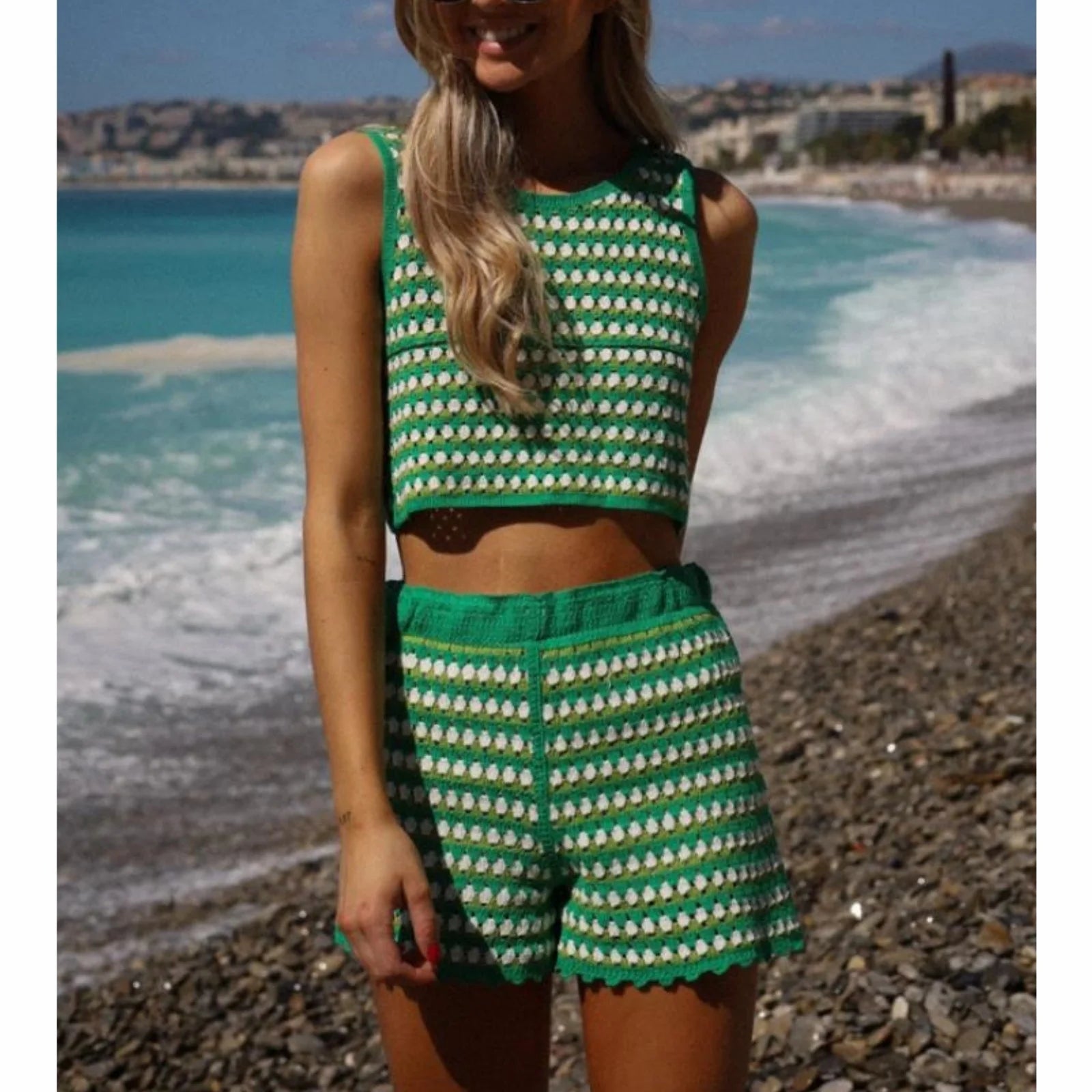 Cyflymder  y2k 2 Piece Set Women Contrast Color Striped Sleeveless Knitted Tank Tops and High Waist Shorts 2000s Beach Streetwear