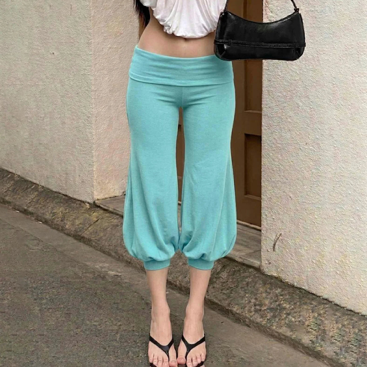 Cyflymder  Solid Color Irregular Cuff Lantern Cropped Pants Low Waist Slim Women Simple Bloomers Casual Streetwear Summer Trousers