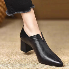 Cyflymder  Comfortable Black Soft Leather 5.5cm High Heels Pointed Toe Chunky Heel Women's Shoes Versatile Deep Mouth Single Shoes