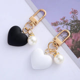 Cyflymder Valentines Day Gift New Black White Frosted Heart Keychain with Pearl Charms Headphone Case Keyrings For Couple Friend Gift Accessories Wholesale