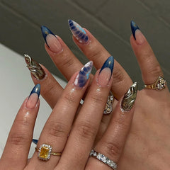 Cyflymder  24pcs Blue French Almond Press on Nails Flower False Nails with Pearl Design Wearable Stick-on Nail Fake Nails Накладные Ногти