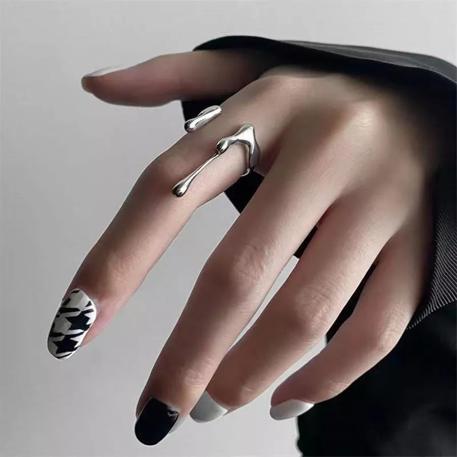 Cyflymder Punk Geometric Irregular Liquid Lava Waterdrop Shaped Open Rings For Women Vintage Silver Color Metal Rings Personality Jewelry