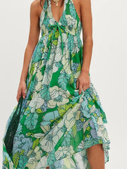 Cyflymder  Summer New Floral Print Women's Long Dress Fashion Backless Hollow Out Holiday Dress Female Casual Halter Tie Up Bohemian Dress