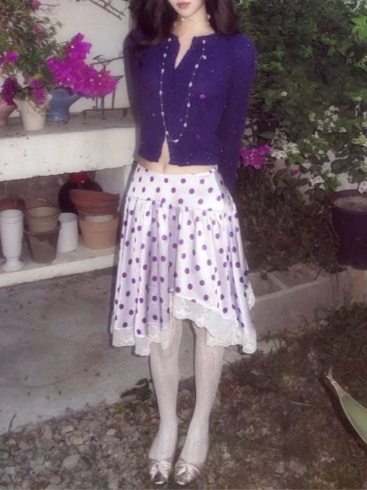 Cyflymder  Japanese Sweet Retro Y2k 2 Piece Set Women Slim Purple Cardigan + Polka-dot Print Skirt New Pure Desire Lovely Party Suit Spring