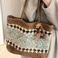 Cyflymder  Retro Hand Woven Tote Bag Women Summer Holiday Large Capacity Straw Bag Commuter Versatile Single Shoulder Bag Casual Fashion