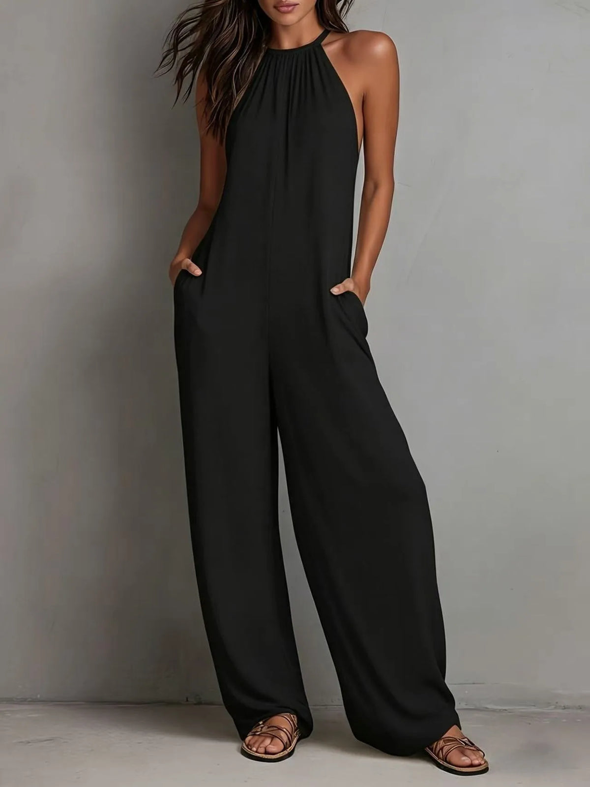 Cyflymder  Casual Jumpsuit For Woman Sleeveless Romper Halter Neck Wide Leg Overalls Black Front Pockets Jumpsuits White Maxi Length Solid