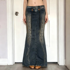 Cyflymder  Autumn new low waisted drawstring casual embroidered retro vintage denim skirt