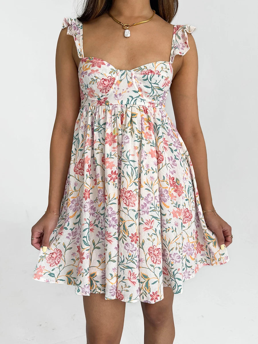 Cyflymder  Women V-Neck Maxi Dress Sleeveless Ruffle Floral Print Boho Beach Dress Summer Casual Long Dress with Pockets