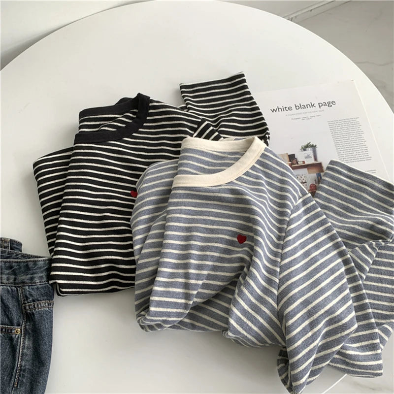 Cyflymder  Love Embroidery Striped Sweatshirt Women Casual O Neck Cute Pullovers Korean Fashion Loose Long Sleeve Sweet Elegant Tops