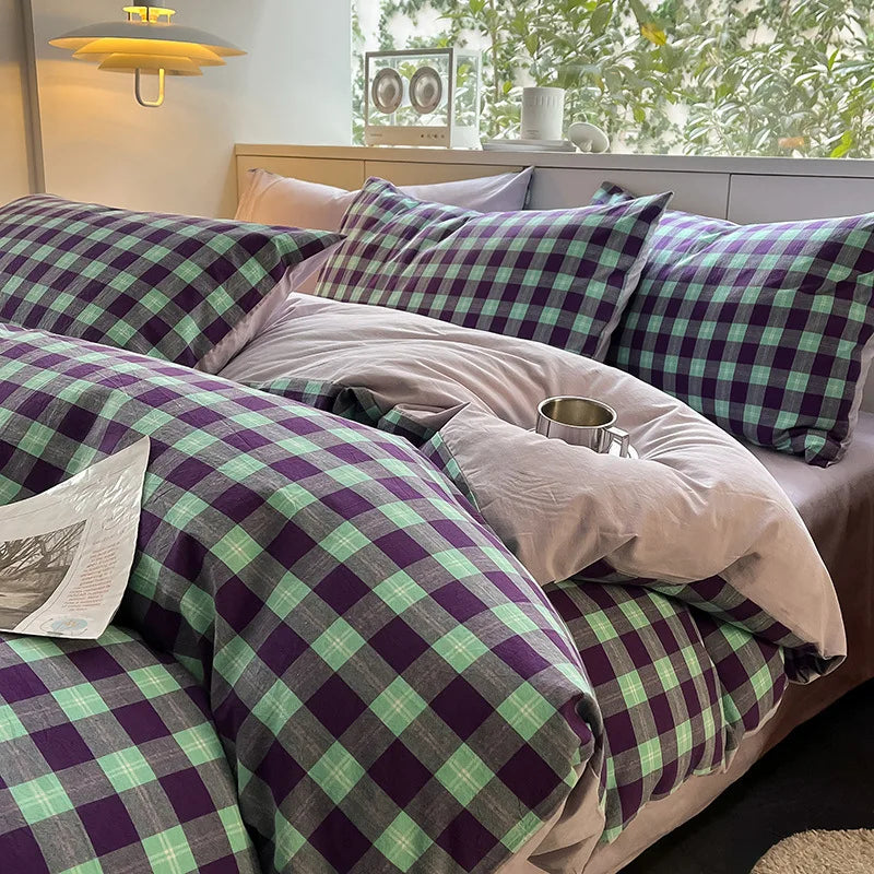 Cyflymder  Striped Gird Pure Cotton Bedding Set Skin-Friendly Non Fading Bed Linens for Home Dorm Single Double Quilt Sets for Four Seasons