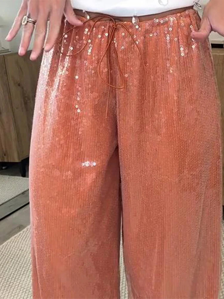 Cyflymder  Loose Solid Color Sequin Pants Woman Cinched Waist Glitter Straight Baggy Long Pants Casual Street Chic Sparkle Women's Trousers