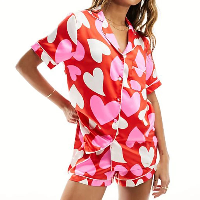 Cyflymder  Womens Heart Pajama Set Y2k Cute Bow Button-down Shirt + Pjs Shorts 2 Pcs Valentines Day Sleepwear Lounge Matching Set