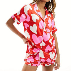 Cyflymder  Womens Heart Pajama Set Y2k Cute Bow Button-down Shirt + Pjs Shorts 2 Pcs Valentines Day Sleepwear Lounge Matching Set
