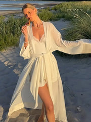 Cyflymder  Sexy Lace Coat Slip Dress Set Women Solid See Through Long Blouse Sleeveless Backless Short Dresses 2025 Fashion Summer Fall Set