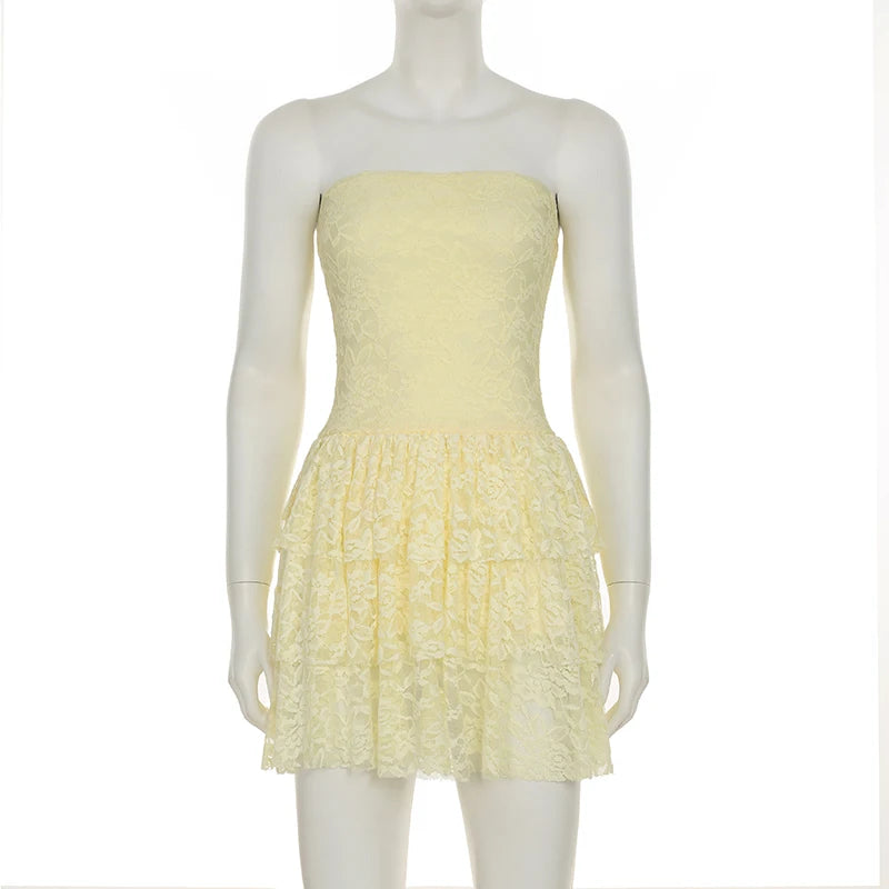 Cyflymder  Holiday Slim Lace A-Line Dress Beach Style Sweet Sexy Slash Neck Sleeveless Mini Dresses For Women 2025 Summer Fashion