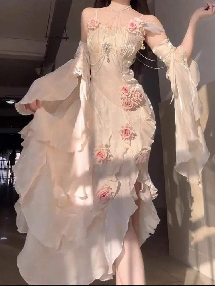 Cyflymder  High end 3D Rose Strap Camisole Dress Lolita Dress Elegant Goddess Style Sweet Slimming Fishtail Long Dresses for Women