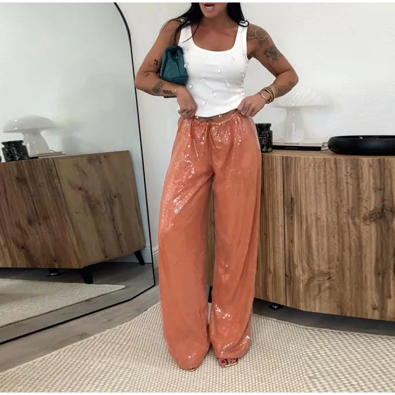 Cyflymder  Loose Solid Color Sequin Pants Woman Cinched Waist Glitter Straight Baggy Long Pants Casual Street Chic Sparkle Women's Trousers