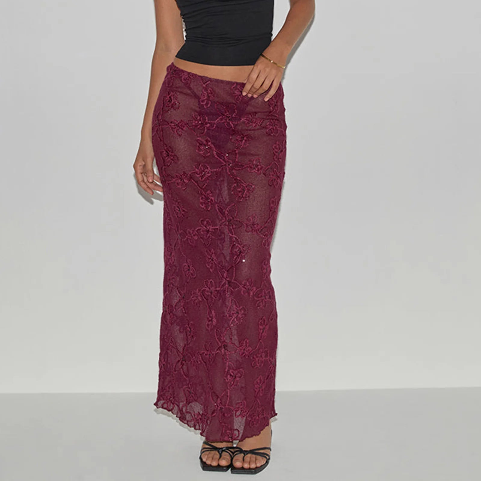 Cyflymder  Coquette Lace Skirt y2k Women Solid Color Sheer See Through Low Rise Mesh Long Skirt 2000s Club Party Skirts Streetwear